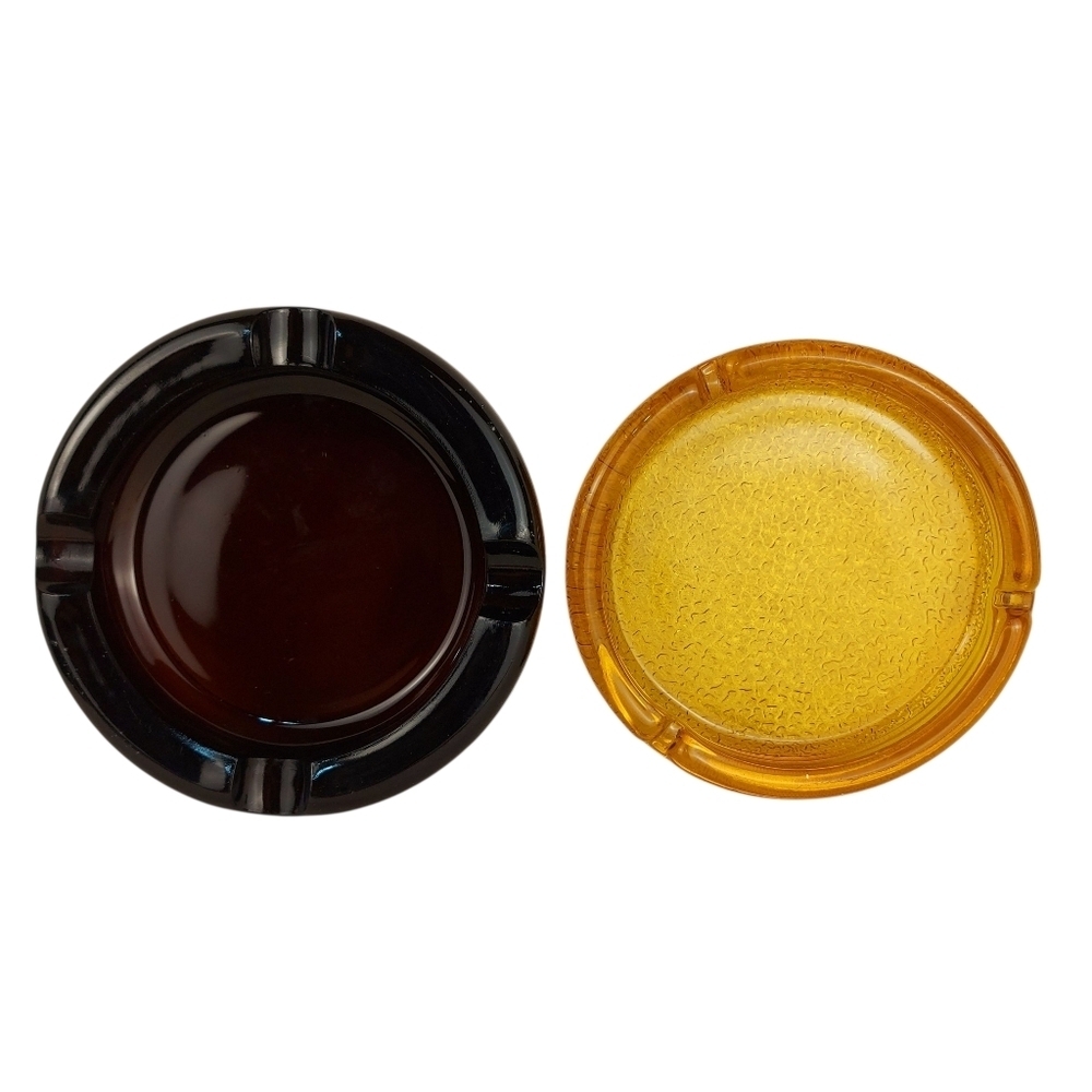 Vintage Glass Ashtray Lot Of 2 Smoky Brown And Amber Ashtray Stands